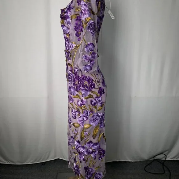 Marchesa Notte Women's Orchid & Rose Embroidered Tulle Midi Dress Size 0  Purple - joarbit.com